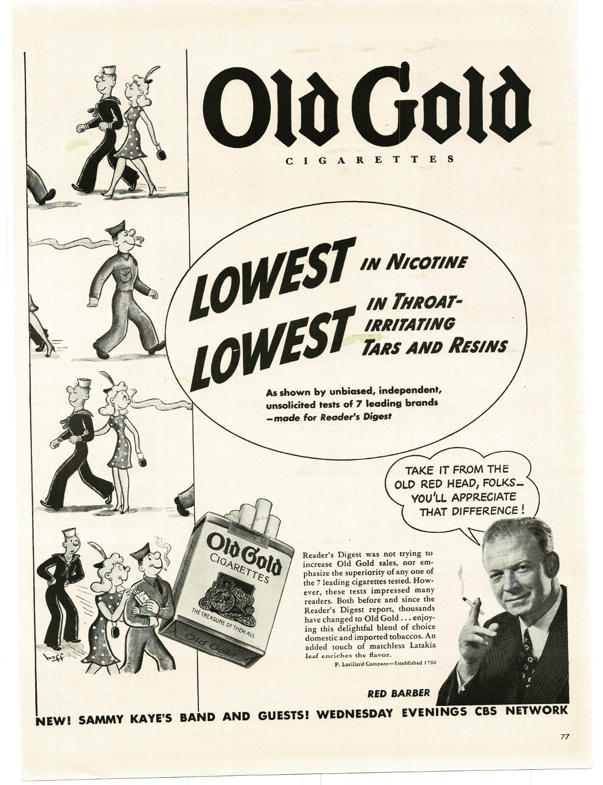 1943 Old Gold Cigarettes Red Barber WWII cartoon Vintage Print Ad
