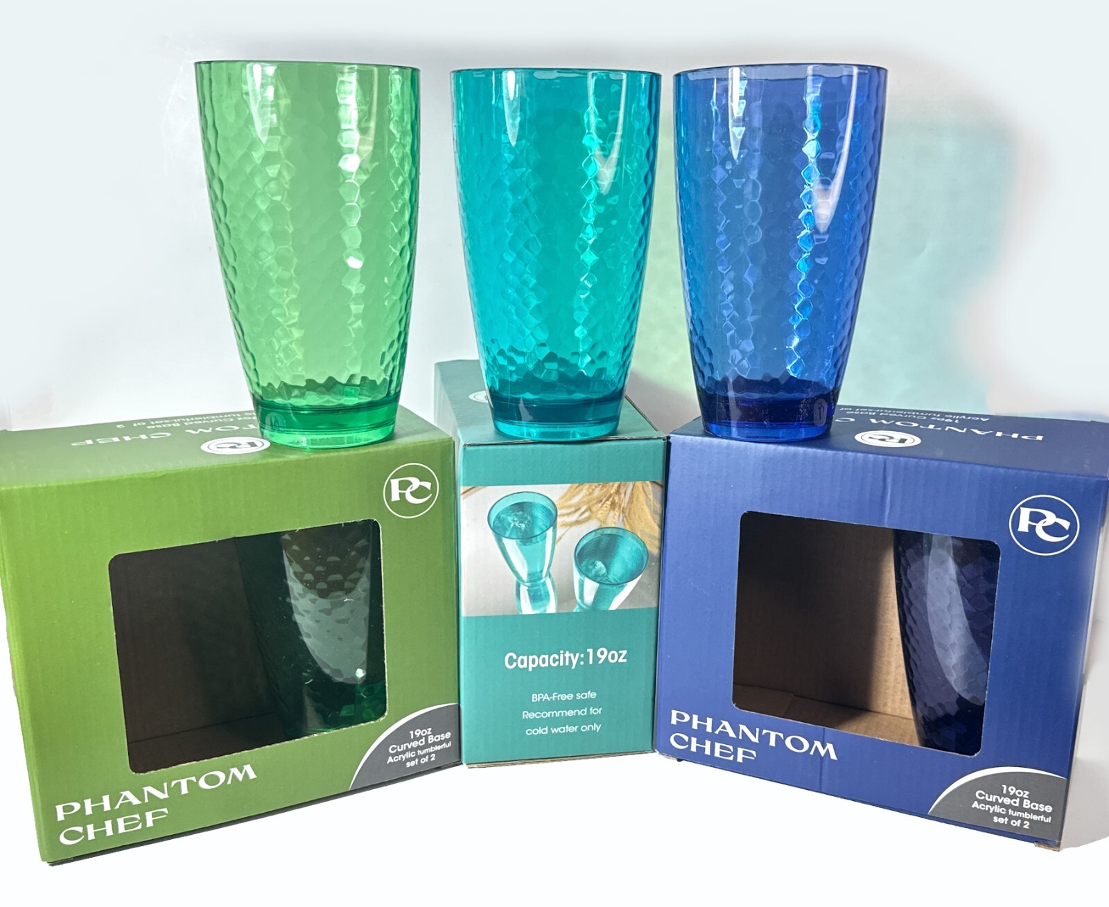 19oz Acrylic Tumbler Set of 2 in Blue, Green, or Turquoise Hammered Design GB