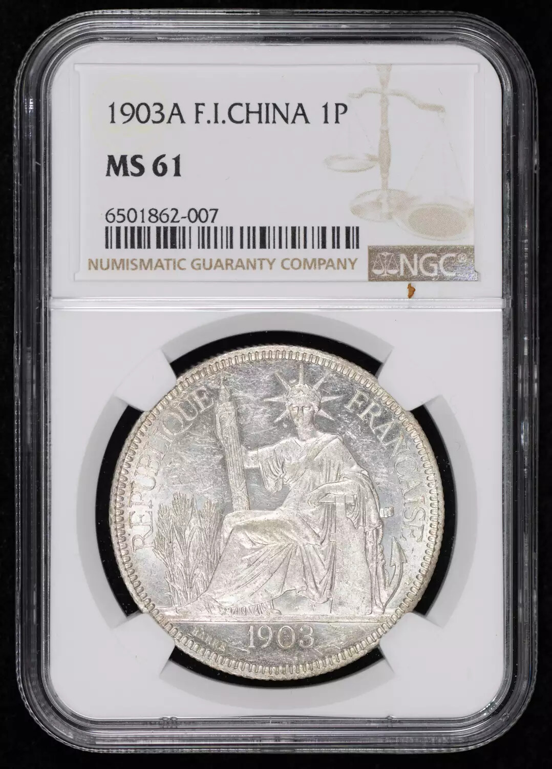 1903A French Indo China Silver PIASTRE NGC MS-61