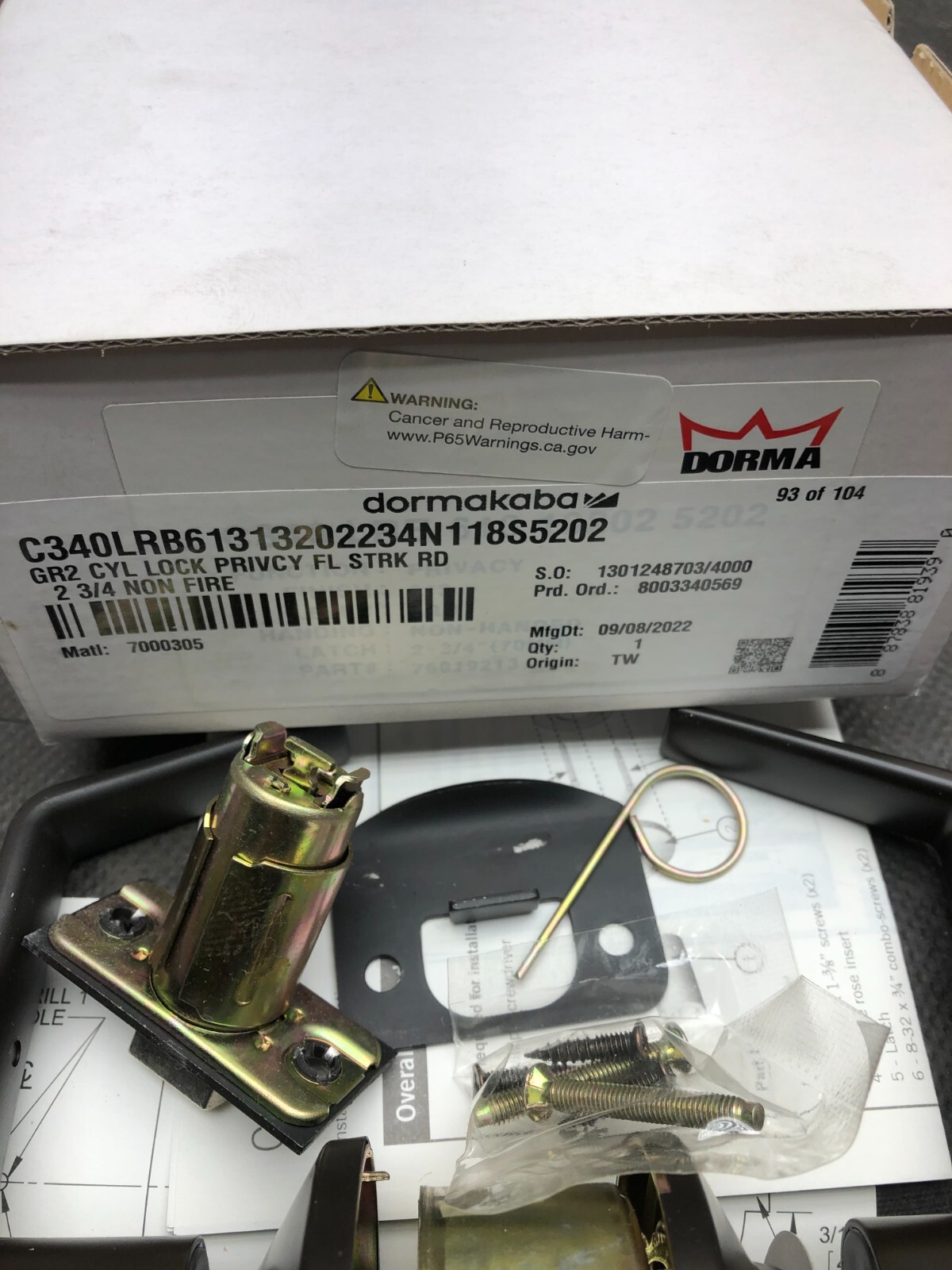 DORMA DORMAKABA GR2 CYL LOCK PRIVCY FL STRK RD 2 3/4 NON FIRE