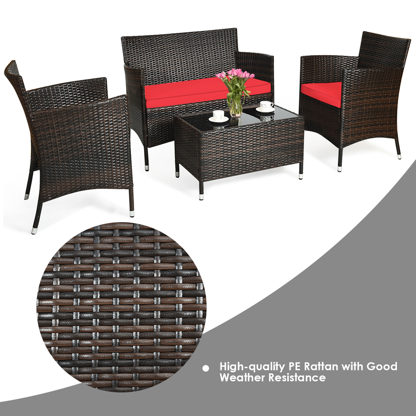4PCS Patio Rattan Conversation Furniture Set Outdoor w/ Red Cushion