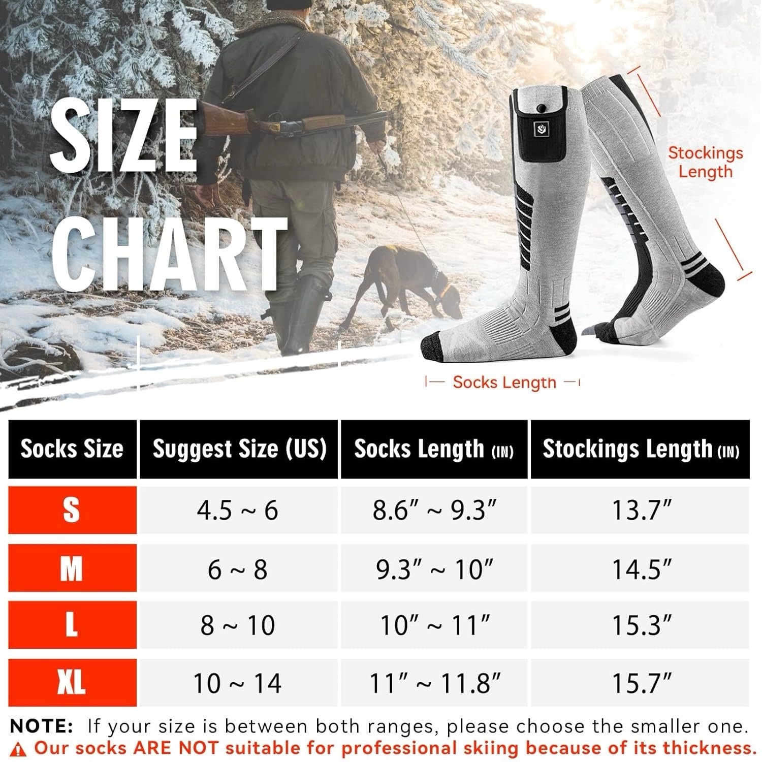 WASOTO Heated Socks Size Medium Gray, Rechargeable Battery Wireless Control