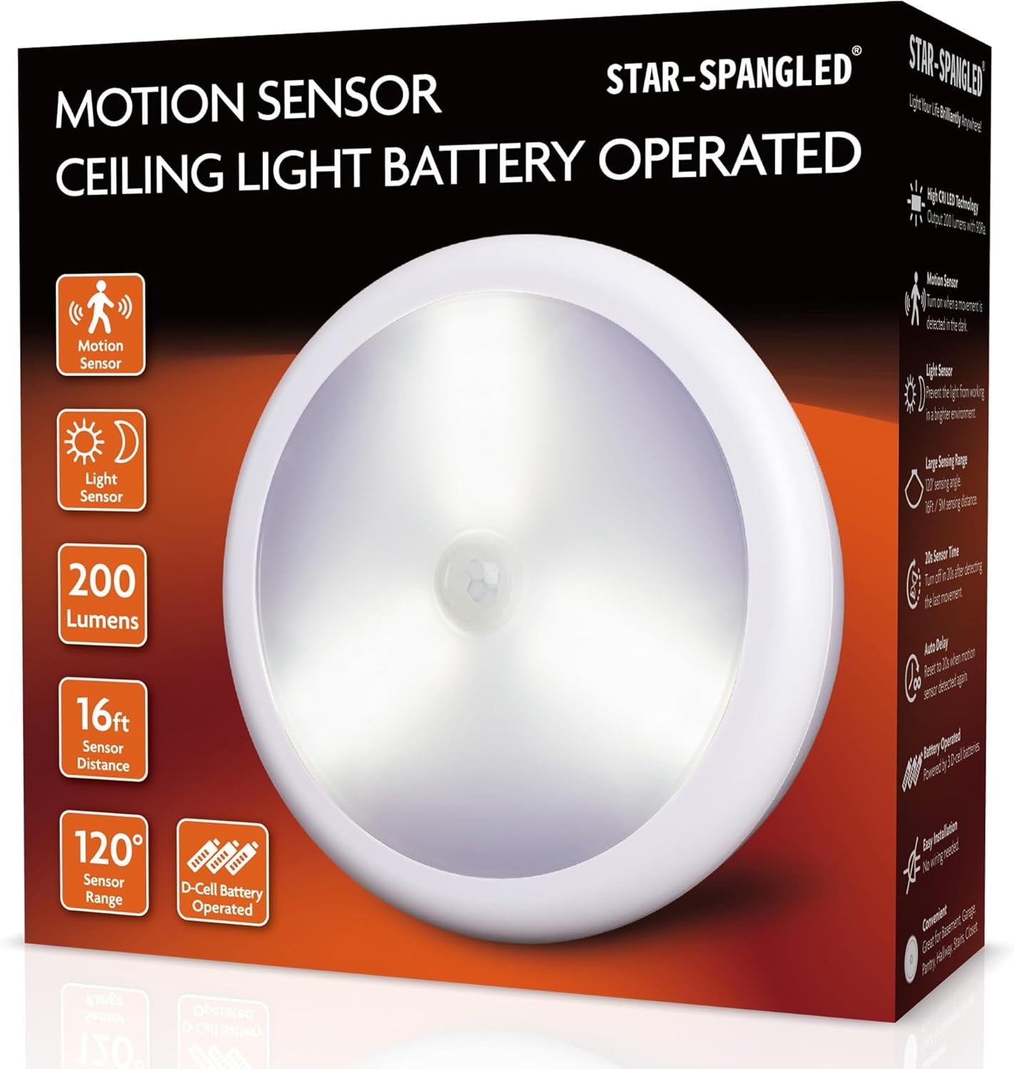 STAR-SPANGLED Motion Sensor Ceiling Light 6.3" Battery Operated Indoor