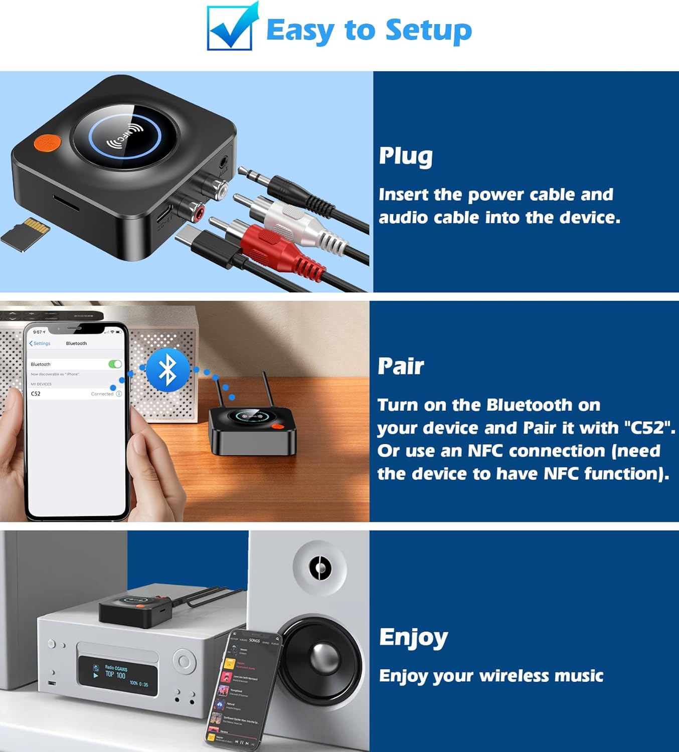 Bluetooth Receiver for Home Stereo, AUX RCA to Bluetooth Adapter for Old Spea...