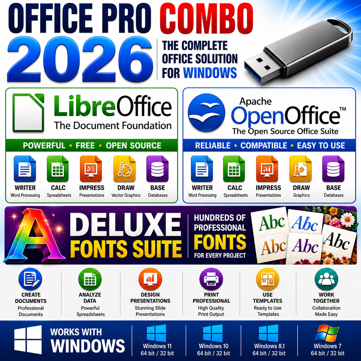 Office Pro Combo 2026 LibreOffice  OpenOffice  Deluxe Fonts Suite ~ Windows
