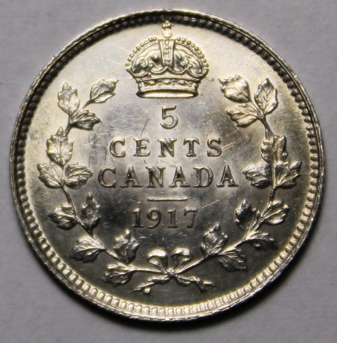 Canada 1917 Silver 5 Cents, Uncirculated, KGV (C732)