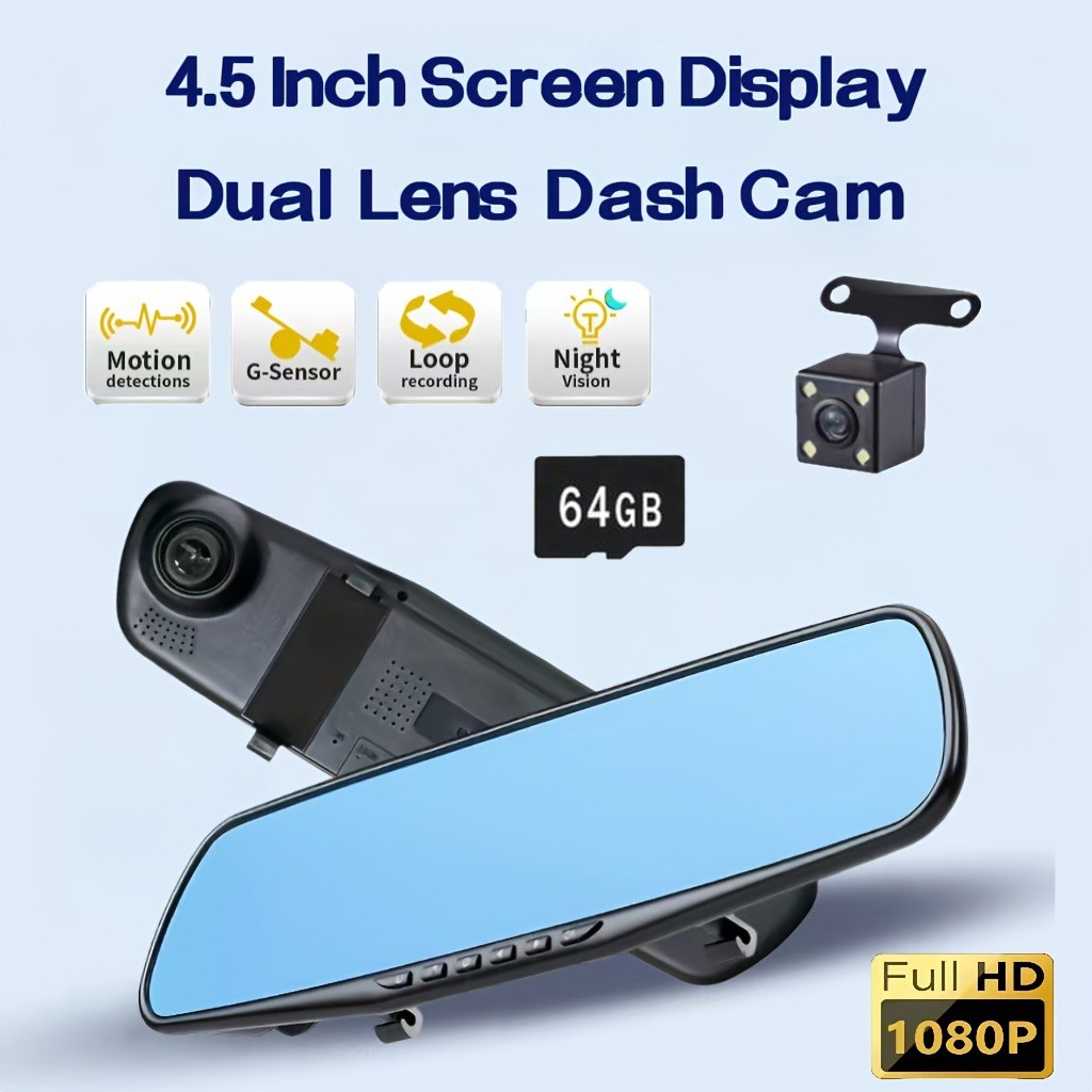 4.5-inch HD Dash Cam Dual Lens Rearview Mirror Camera Video Recorder 64G Card