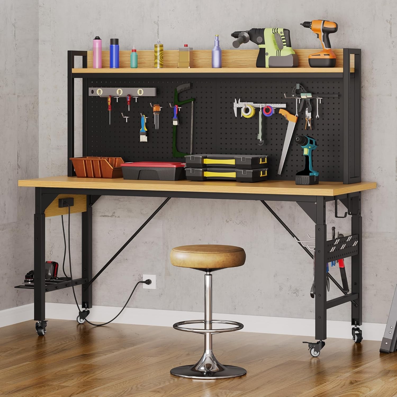 DWVO Adjustable Workbench 48in Pegboard 1600lbs AC Outlet
