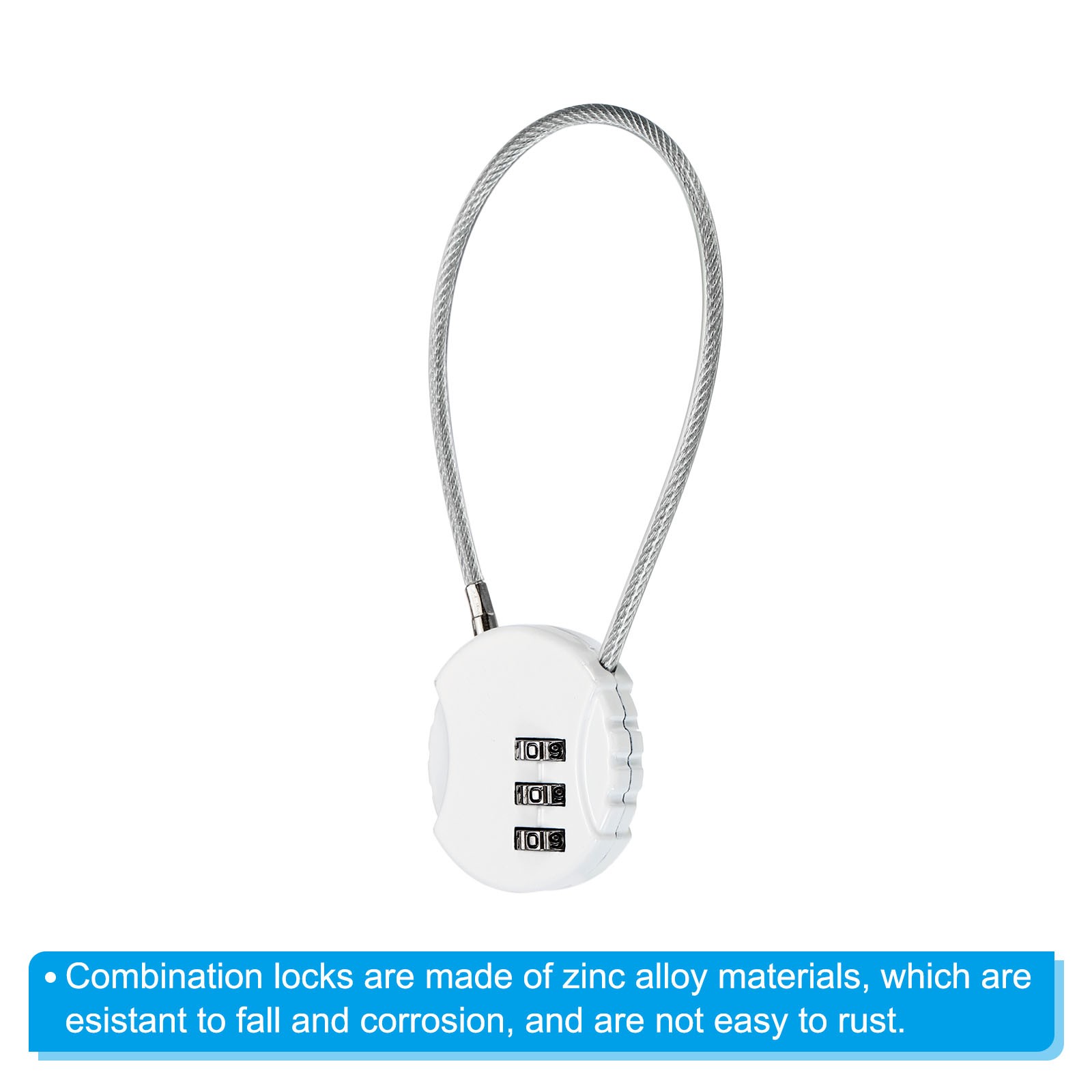 Small Combination Block 7.8", 3pc 3 Digit Luggage Lock, White
