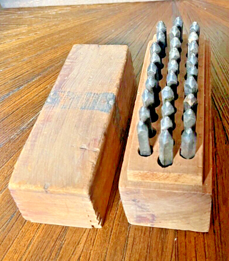 Vintage C H Hanson 1/16 Steel Die LETTER Punch Stamps Alphabet 28pc Wood Box-B19