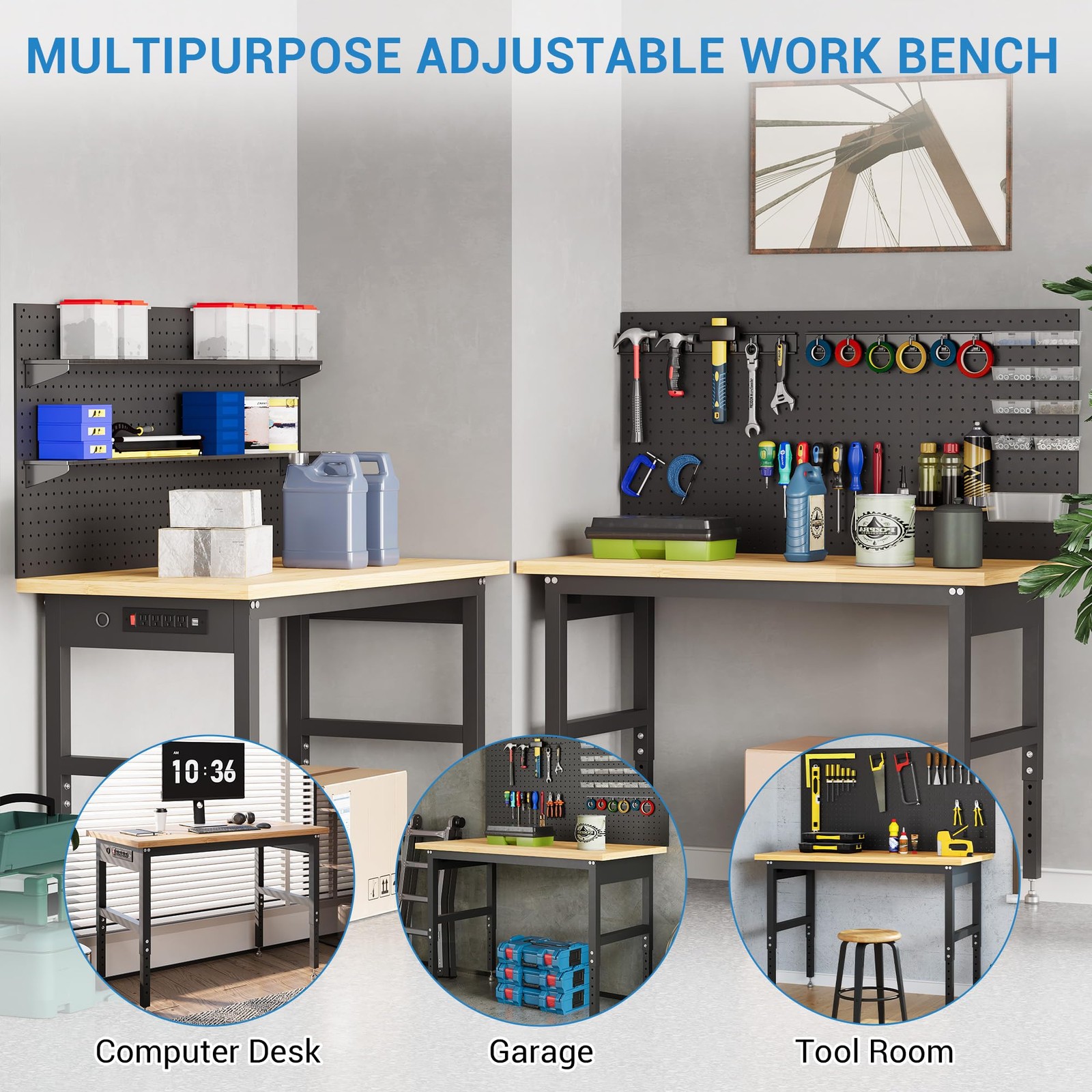 48" Workbench with Pegboard Wall,2000lbs Garage Table, 28-40" Adjustable Height