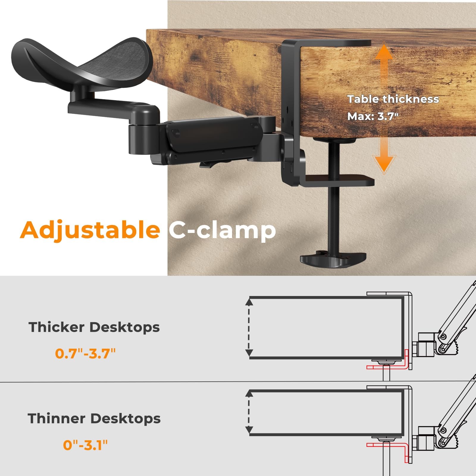 Universal Clamp-on Adjustable Arm Rest, Ergonomic 360° Rotating Elbow Rest Pa...