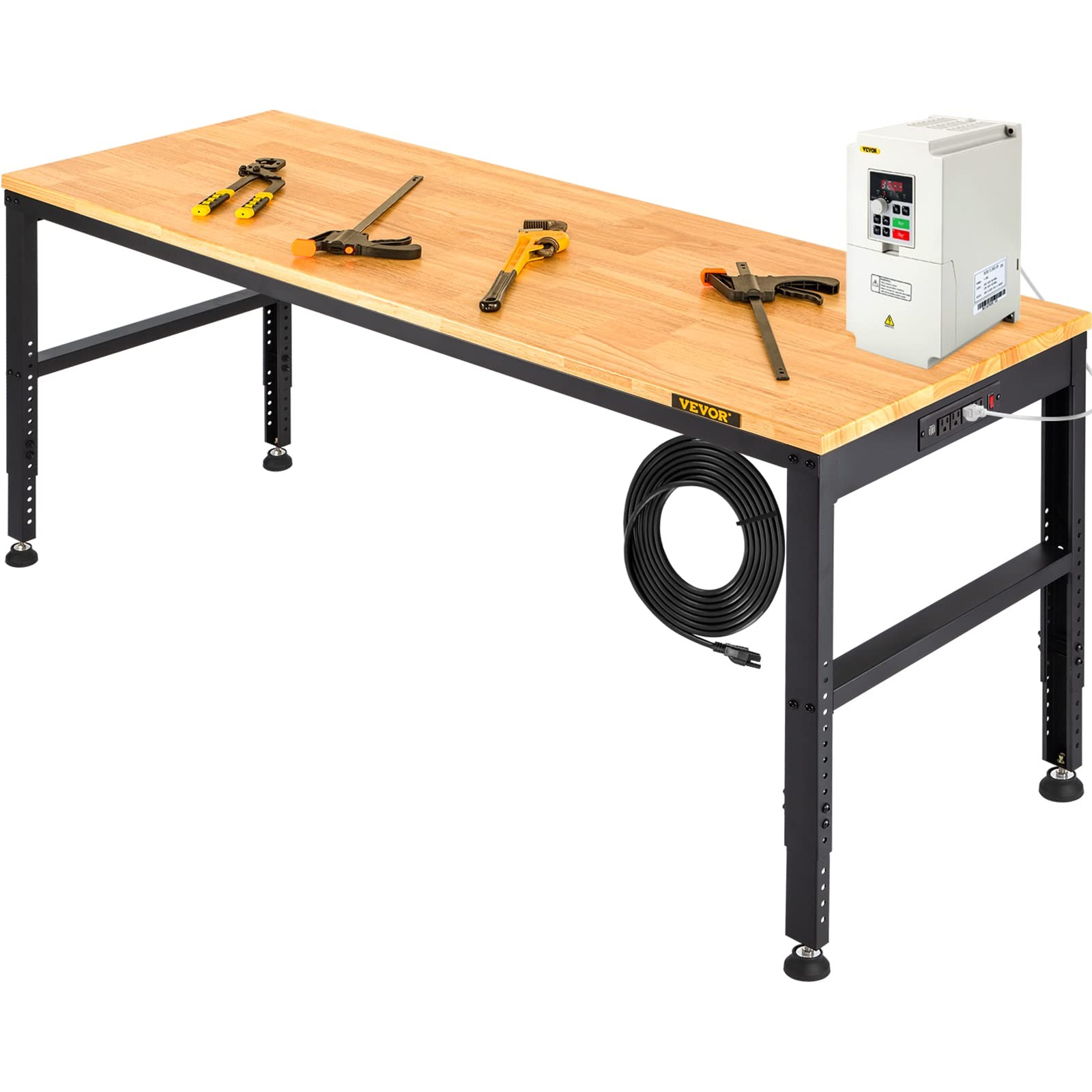 Adjustable Heavy Duty Workbench Oak Top Metal Frame 2000 lbs Capacity Brown