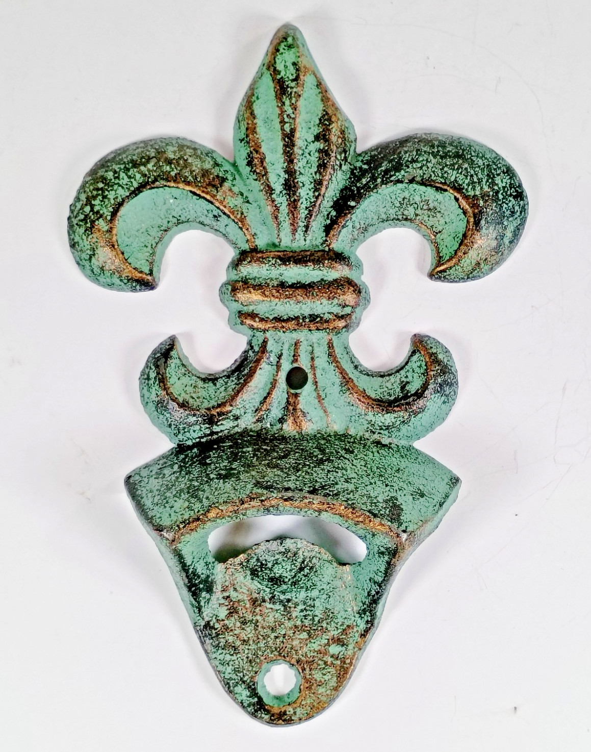 Cast Iron Fleur De Lis Wall Bottle Opener, Sea Foam Green Color.