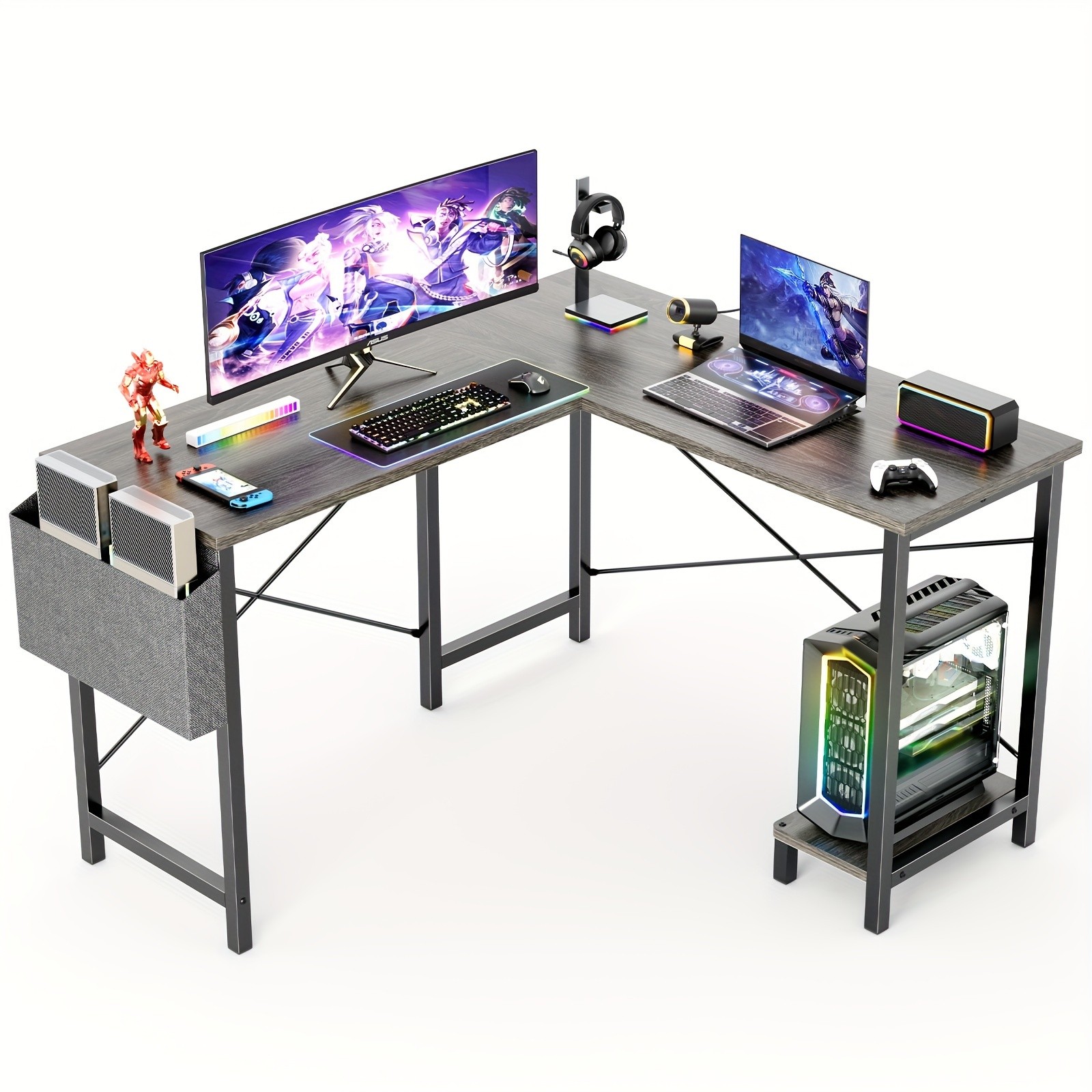 Office Shared Space L Shaped Computer Desk - Gaming Table Corner Desk Grey