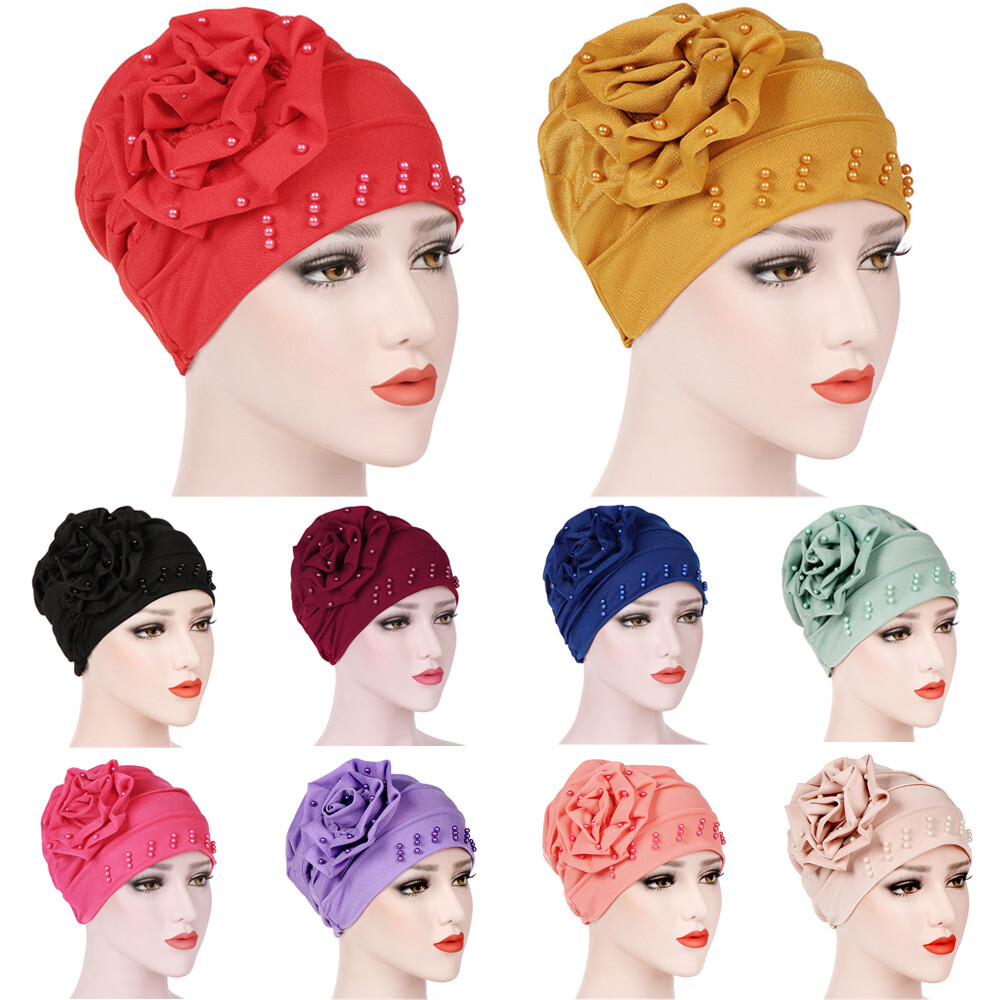 Women Flower Beads Stretchy Turban Hat Slouchy Baggy Cap Hair Head Wrap Cap