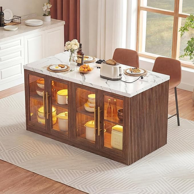 Kitchen Island with Storage,Imitation Marble Island Table with LED | Lights & Ca