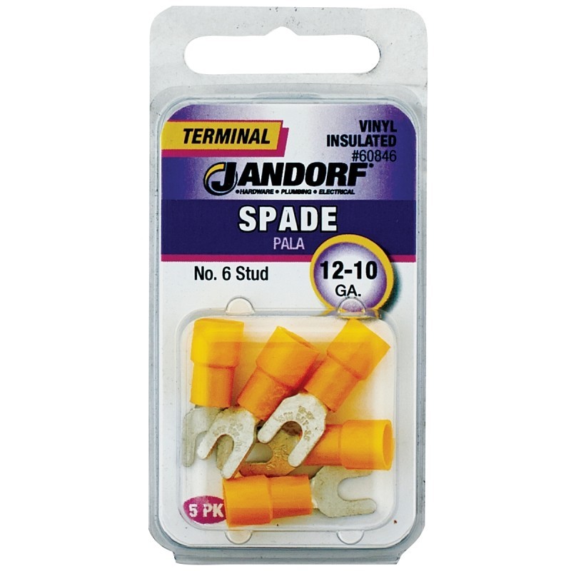 Jandorf 60846 Spade Terminal, 600 V, 12 to 10 AWG Wire, #6 Stud, Vinyl Insulatio