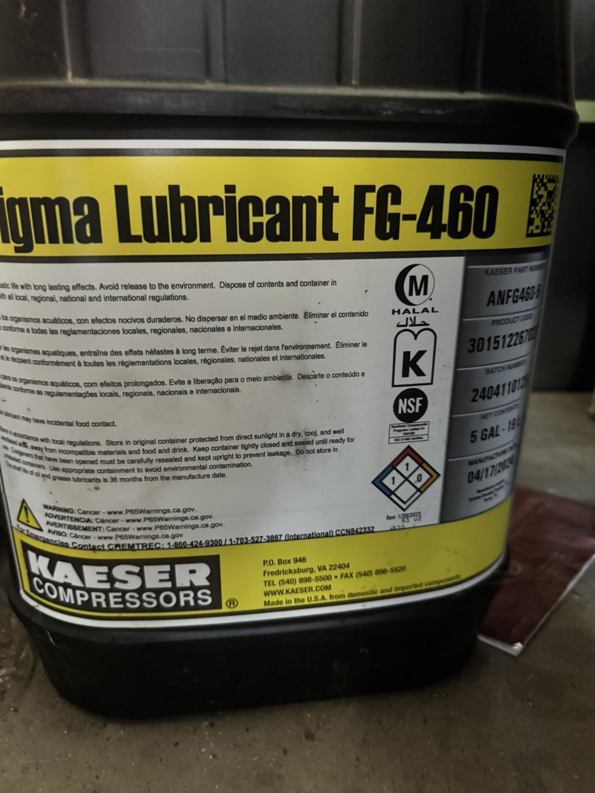 Kaeser 5 gallon  FG-460 Food Grade Oil ANFG460-5