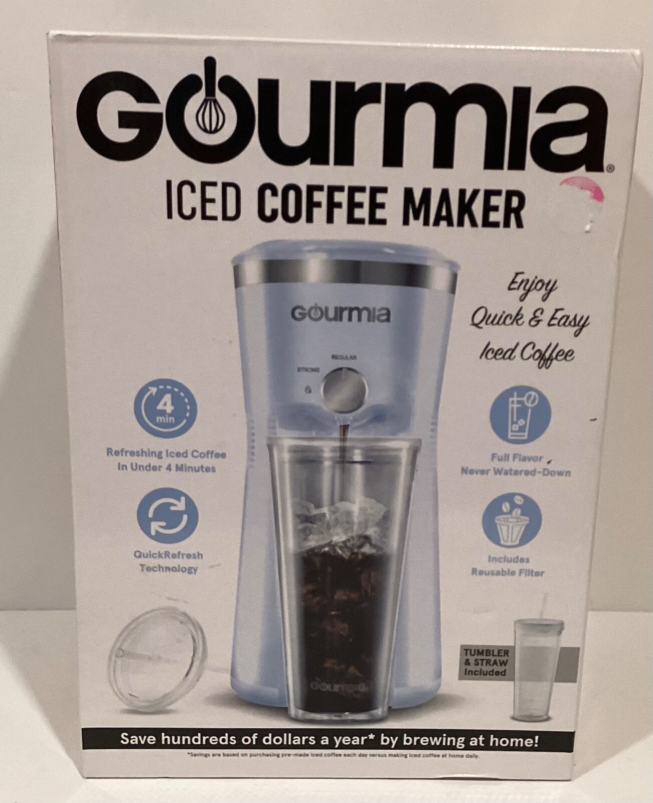 Gourmia Iced Coffee Maker Quick Brew 25 Ounce Tumbler, Straw & Scoop Included