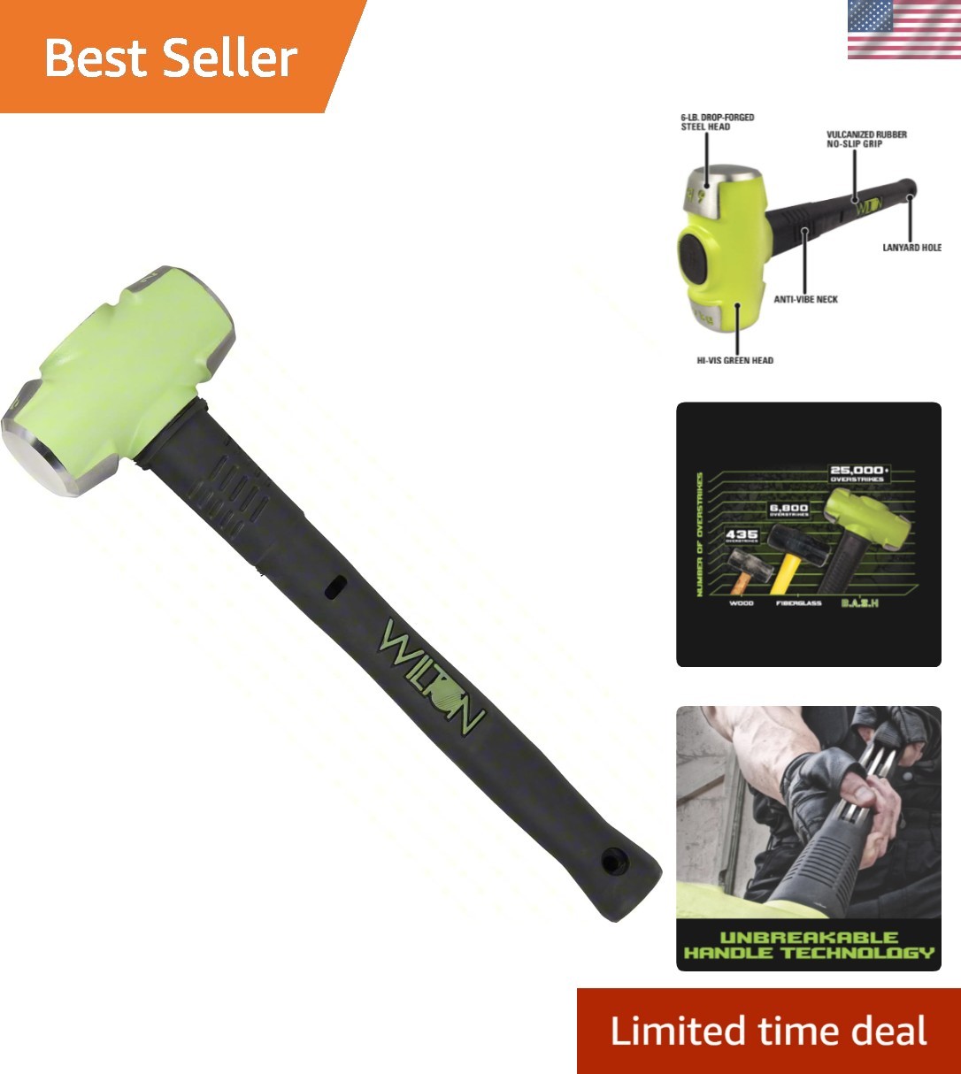 B.A.S.H. 6-Pound 16" Sledge Hammer, Drop-Forged Steel Head, Anti-Vibration Ne...