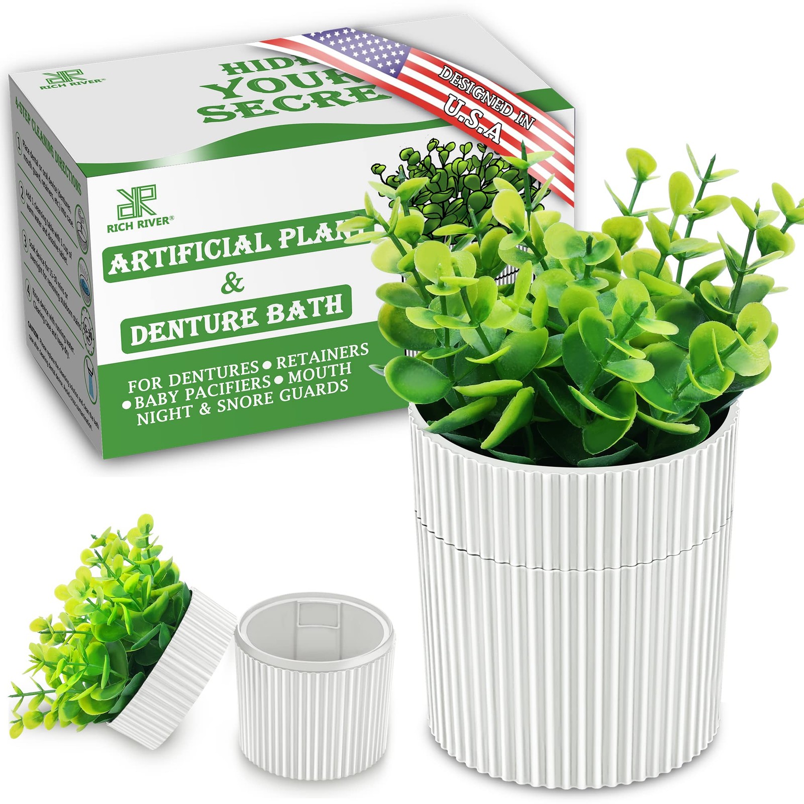 Denture Bath, Invisible Denture Case Designed As Artificial Eucalyptus Potted...