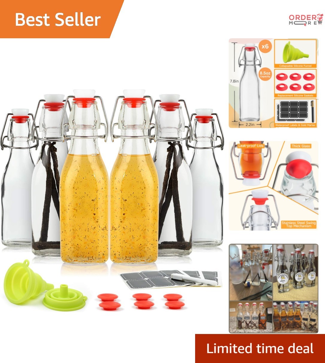 Glass Bottles 8.5 oz Reusable Airtight Swing Top Leak-Proof Home Brew