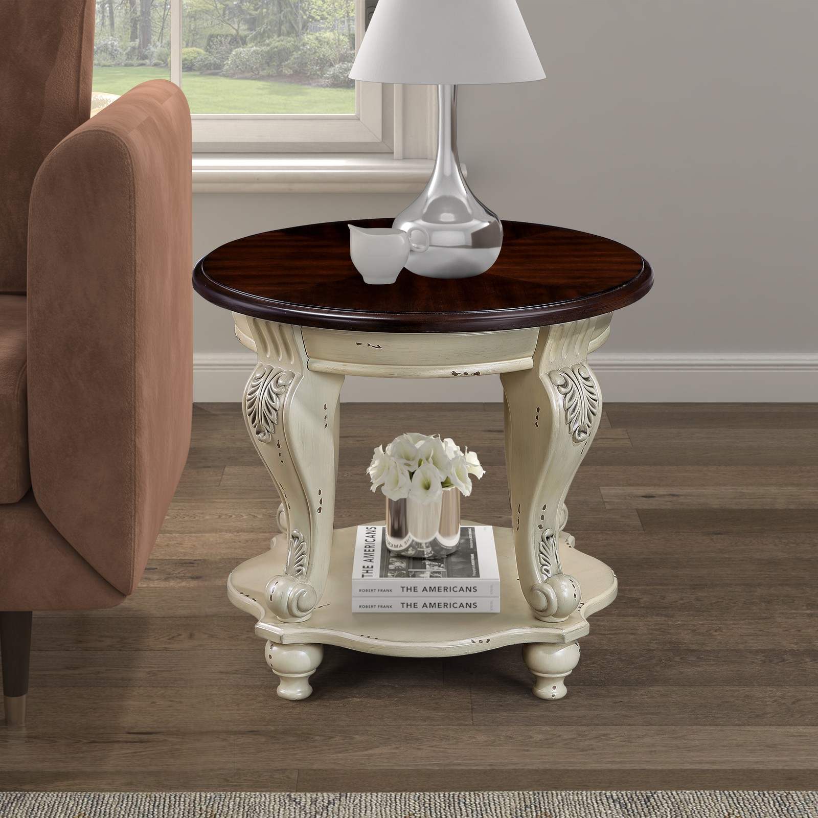 22'' Two Tone Round End Table,Solid Wood Sofa Side Table with Shelf,Living Roo