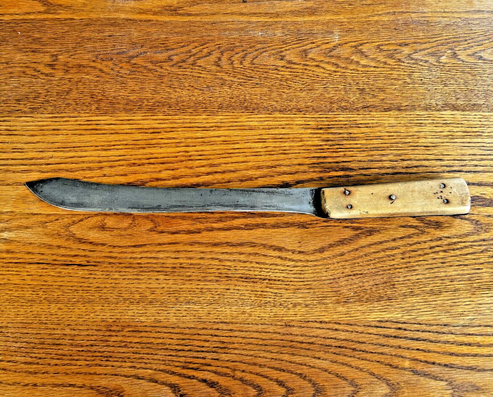 Vintage 11-3/8" CARBON STEEL Blade Large Slicing Knife Full Tang 5 Brass Rivets