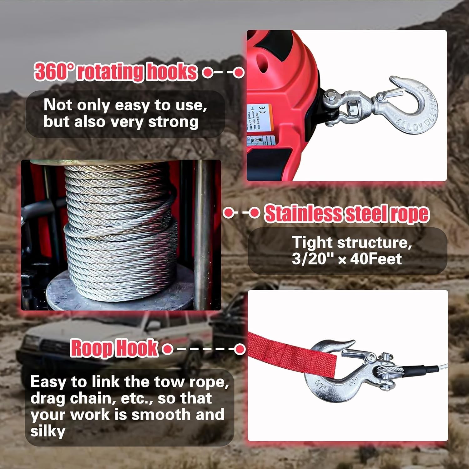 Portable Drill Winch 1000LB Pulling Capacity with 40 Feet Steel Wire Rope