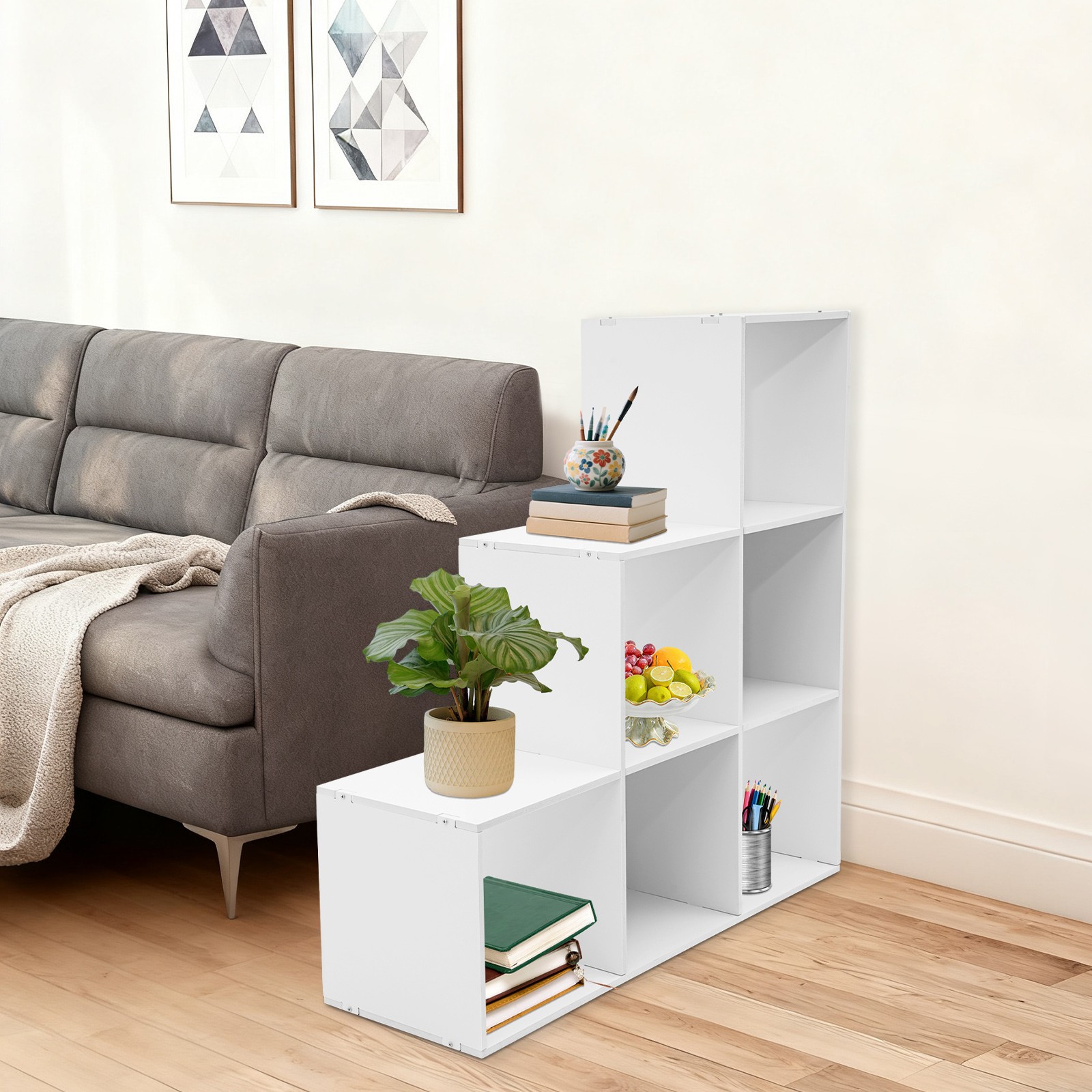 L-Shaped Storage Bookcase 6-cube Stepped Corner Shelf Book Rack for Home/Office