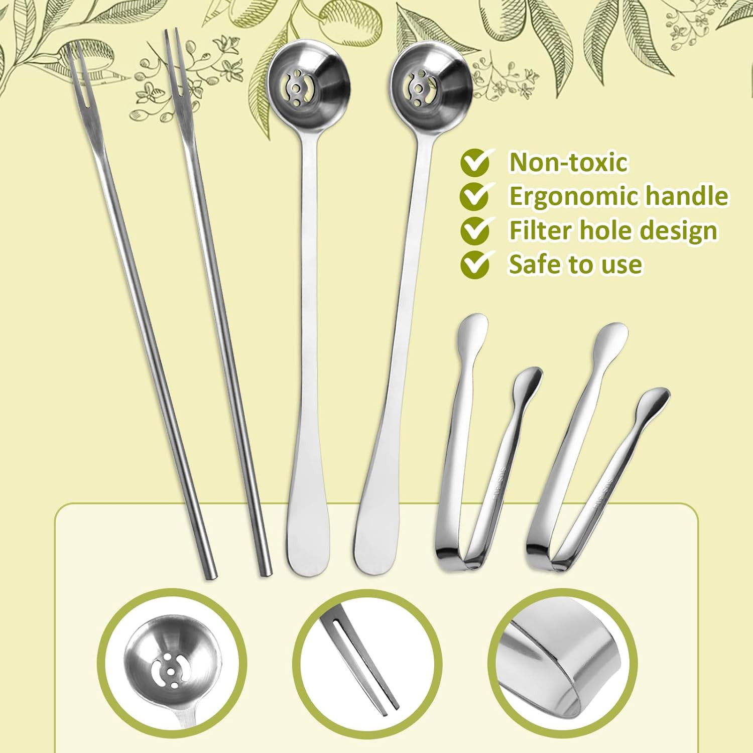 6 Pieces Long Handle Pickle Fork Olive Spoon with Drain Hole Strainer Kitchen Se