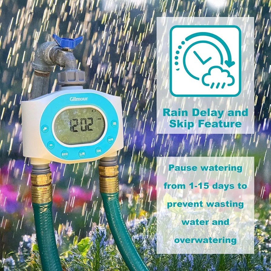 Gilmour Double Hose Outlet Programmable Electronic Water Timer 2 Zone Irrigation