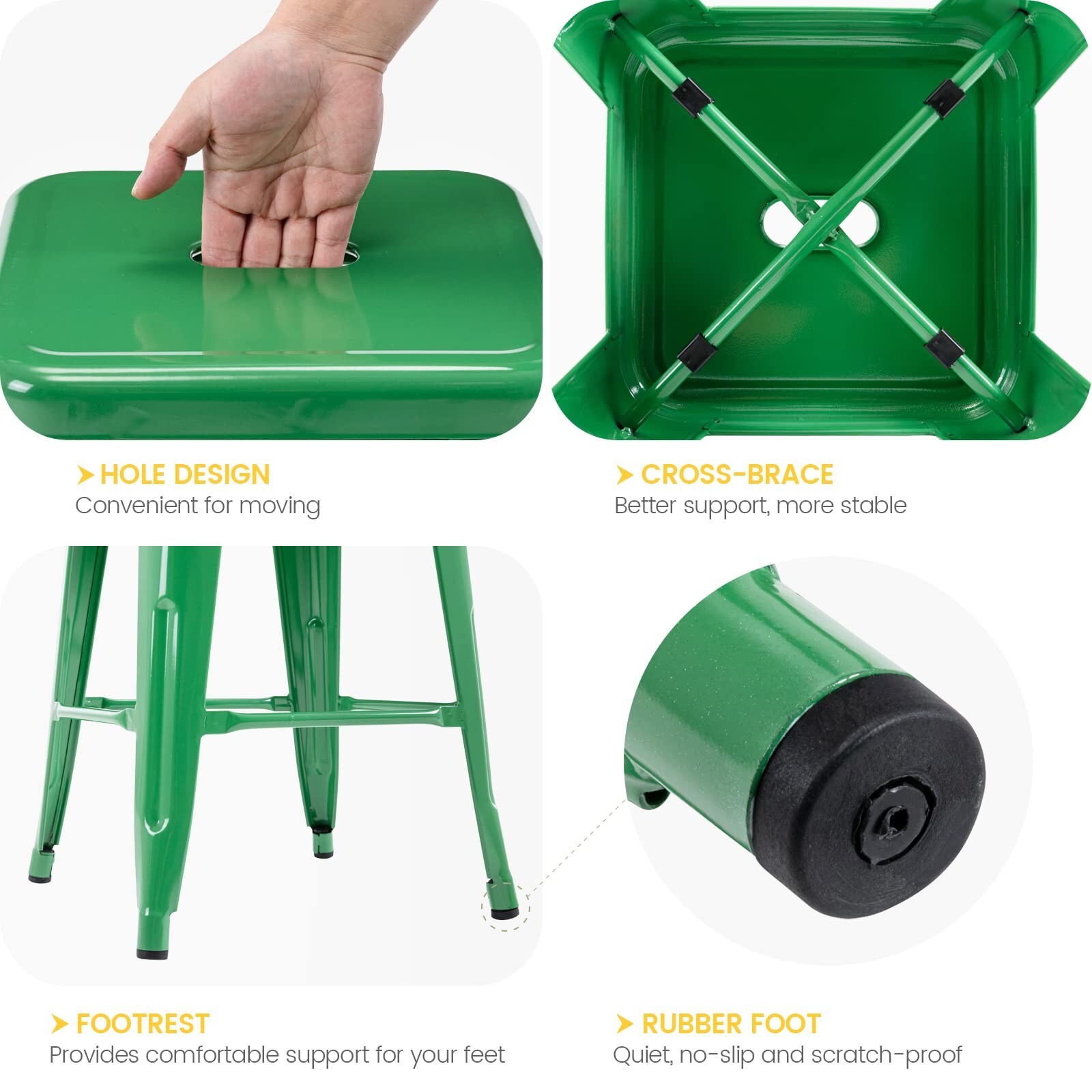 4Pcs Stackable Metal Bar Stools 24 Inch Height Barstools with Square Seat,Green