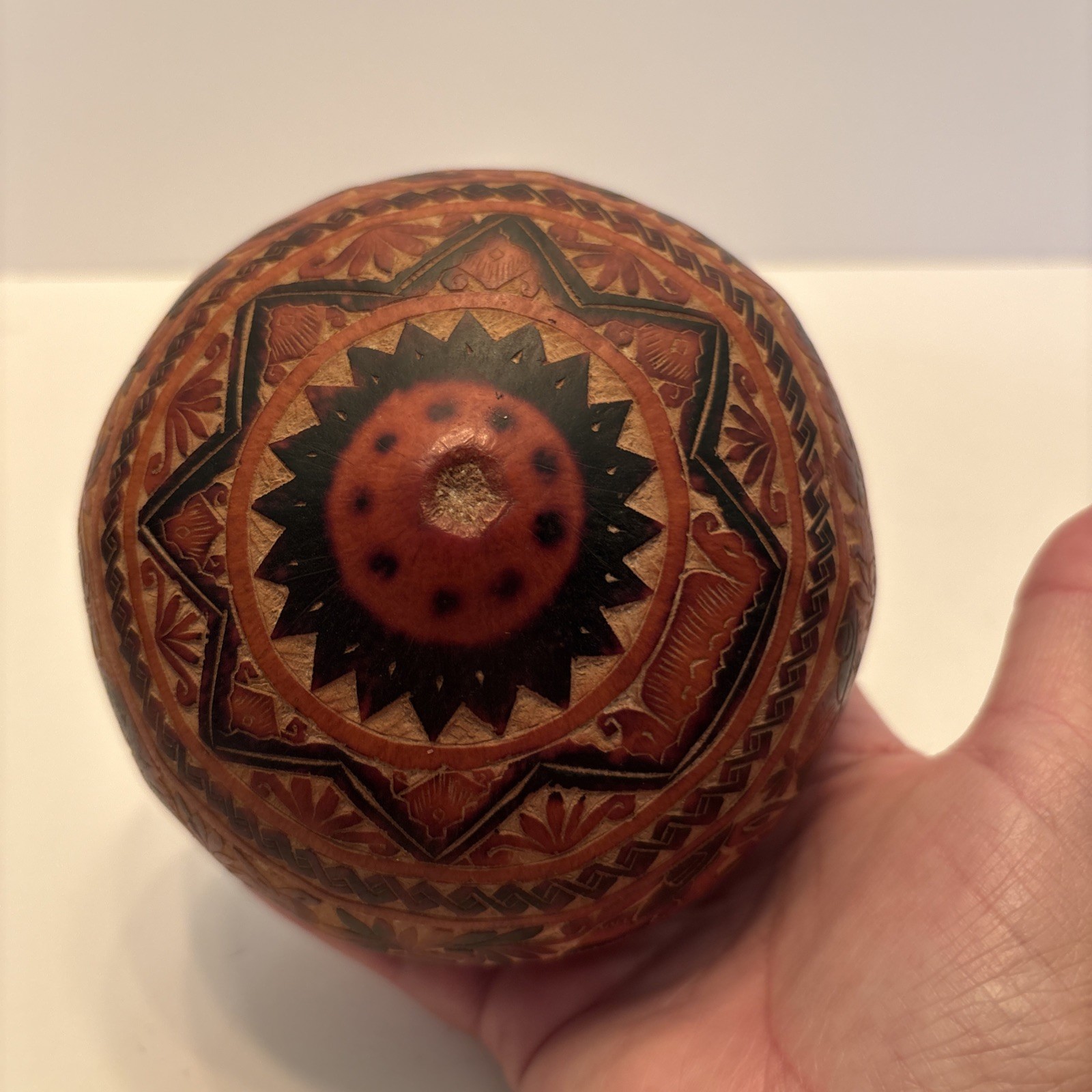 Vintage Peruvian Hand Carved Gourd Story Scene Peru Folk Art Village Life Lama