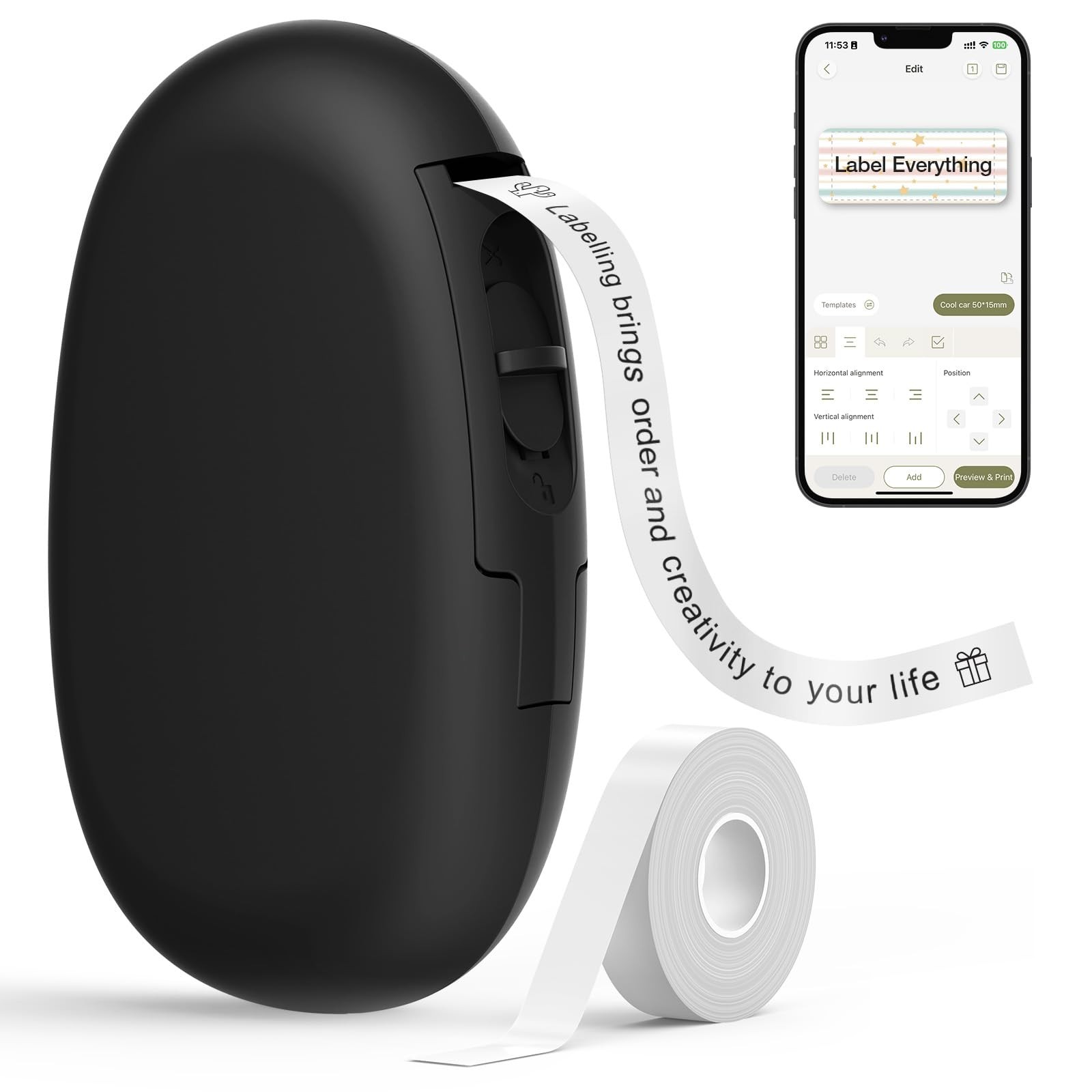E10 Bluetooth Label Maker Machine Black With Tape Inkless App Control Wireless