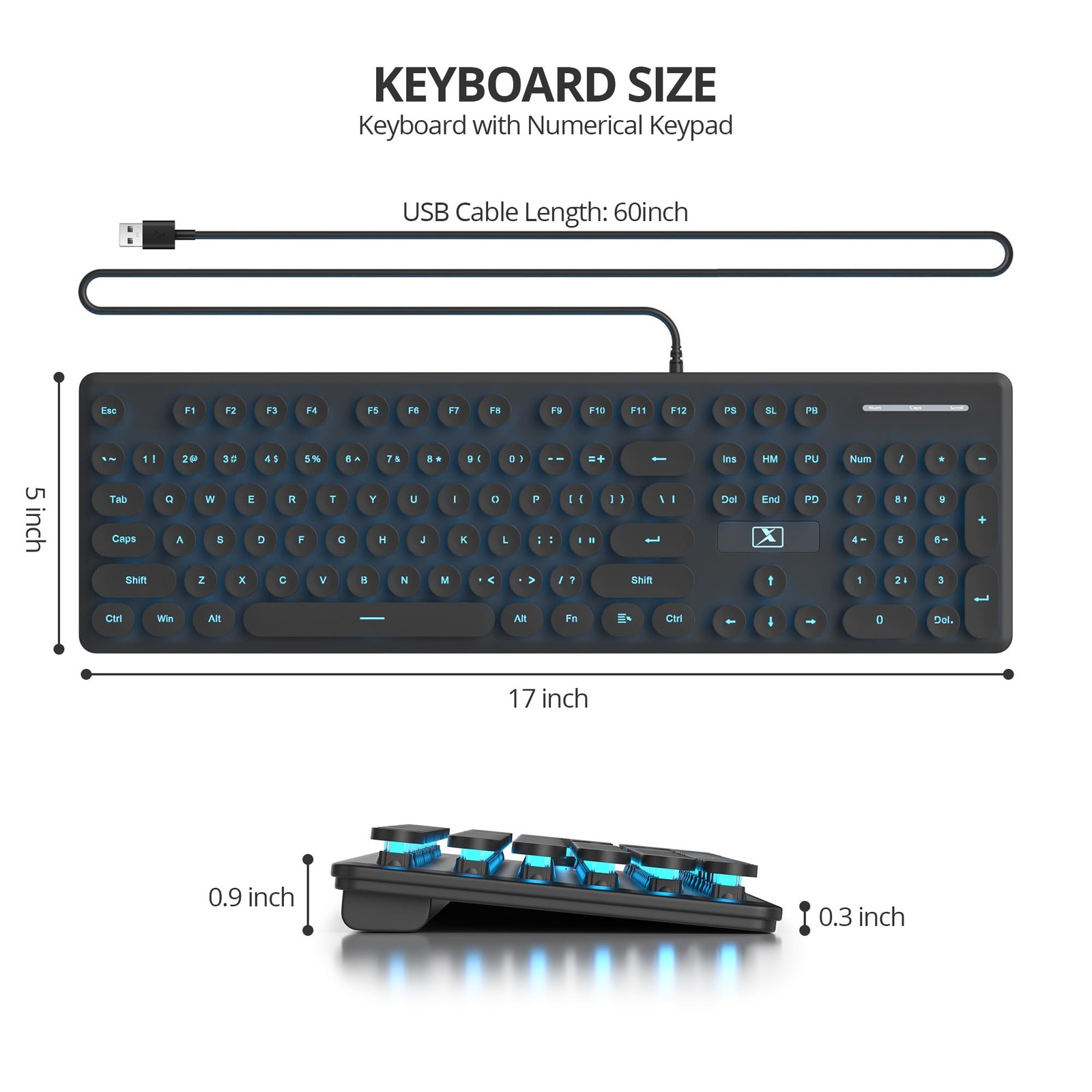 Wired Retro Typewriter Keyboard 104 Round Keys Blue LED Backlit Silent Black