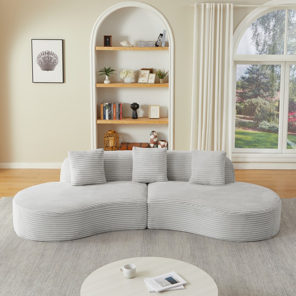 Corduroy Curved Sectional Sofa w/ Scatter Cushions, No Assembly, Light Grey