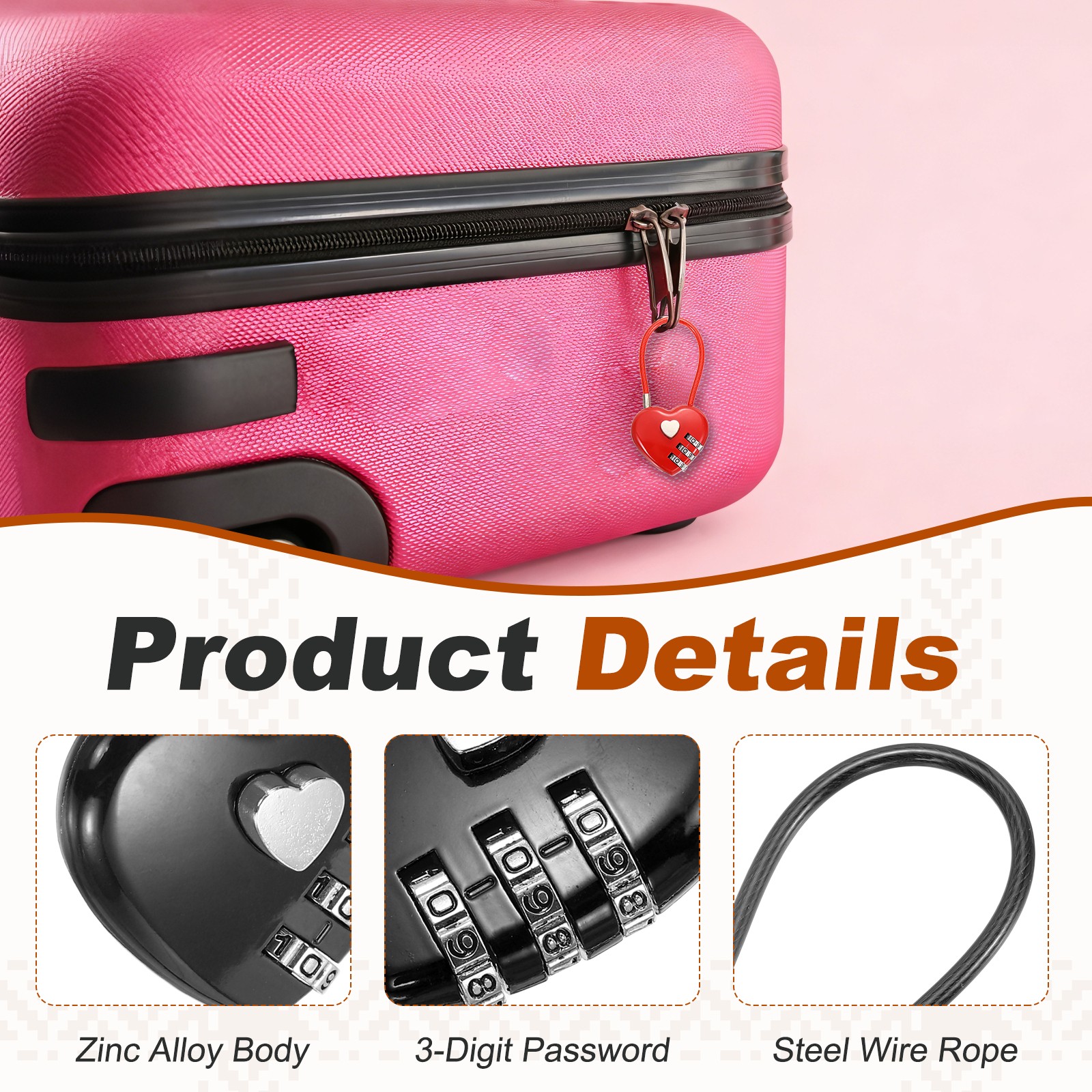 Combination Padlock (7.9 Inch, Black)(2 Pcs), 3-Digit Heart Shaped Combo Padlock