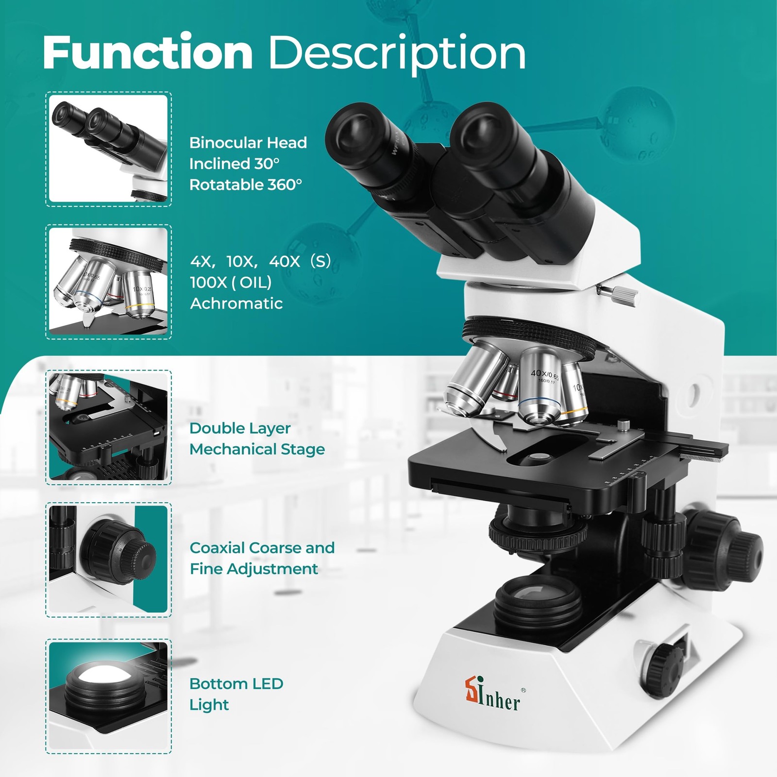 Sinher XSZ-2108A Professional lab Compound Binocular microscopes 40X-2000X Ma...