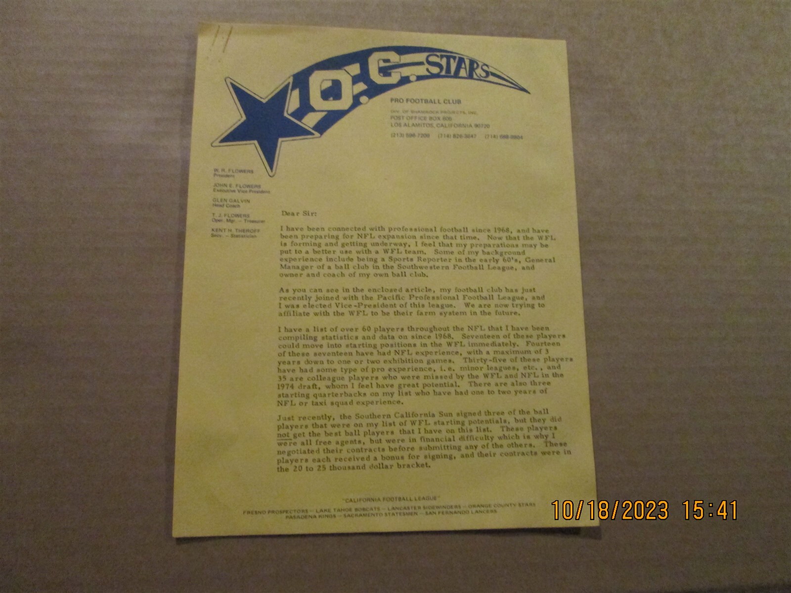 California Football League O.C.Stars Vintage Team Logo Football Letterhead
