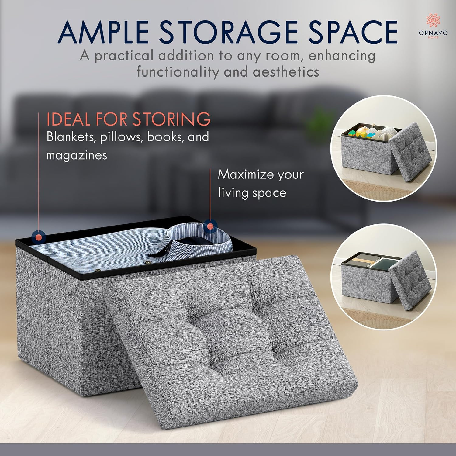 Small Storage Ottoman Foldable Collapsible Rectangle Linen Ottoman Foot Rest Sto