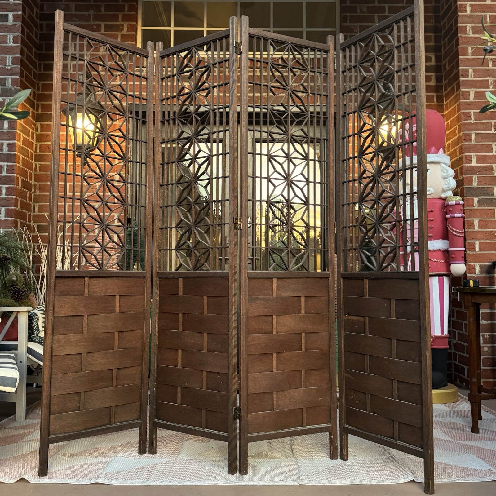 Japanese Mid Century Teak Shoji 4 Panel Folding Room Divider Screen 1960s