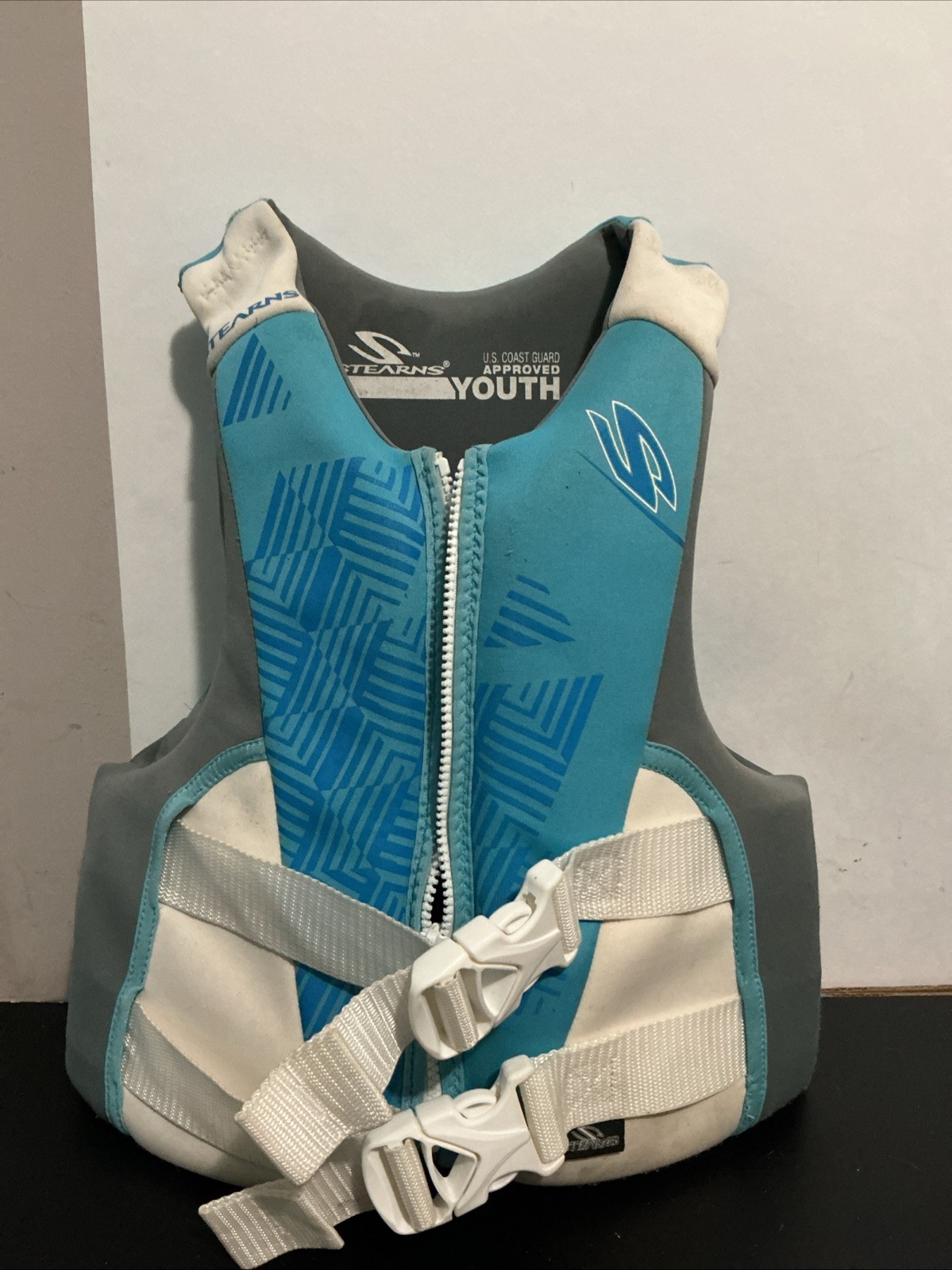 Stearns Youth Ski Vest 50-90 Lbs Type III PFD White Blue Gray STAINED