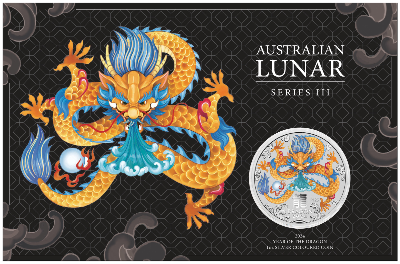 2024 Australia COLORED BU Lunar Year of the Dragon 1oz Silver $1 Coin In Card