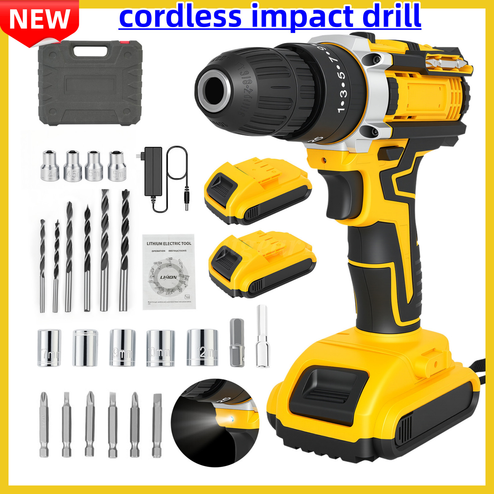 Cordless Impact Drill Brushless Hammer Driver Combo Kit with 2 Battery & Charger