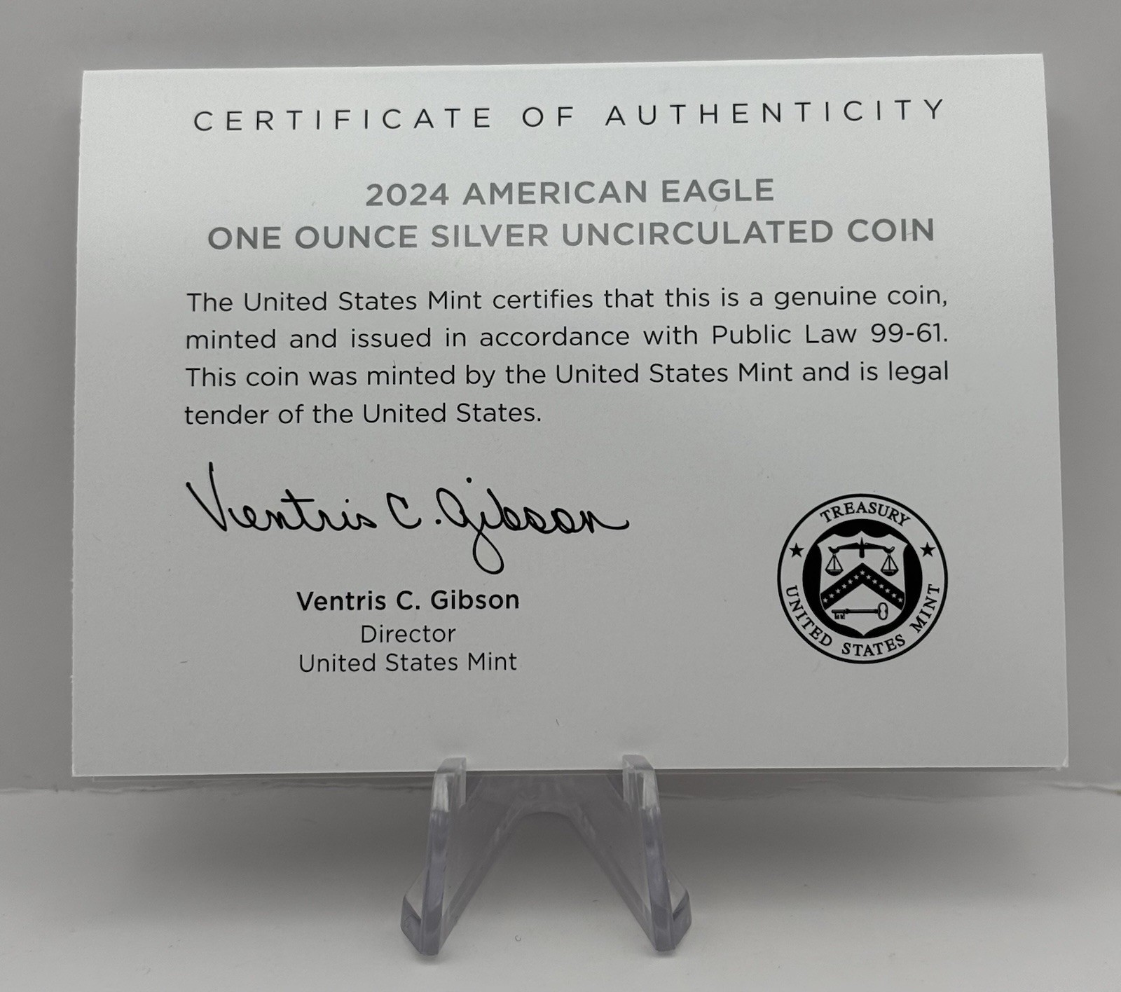 2024-W U.S. Mint Uncirculated American Silver Eagle, CoA and Original Packaging