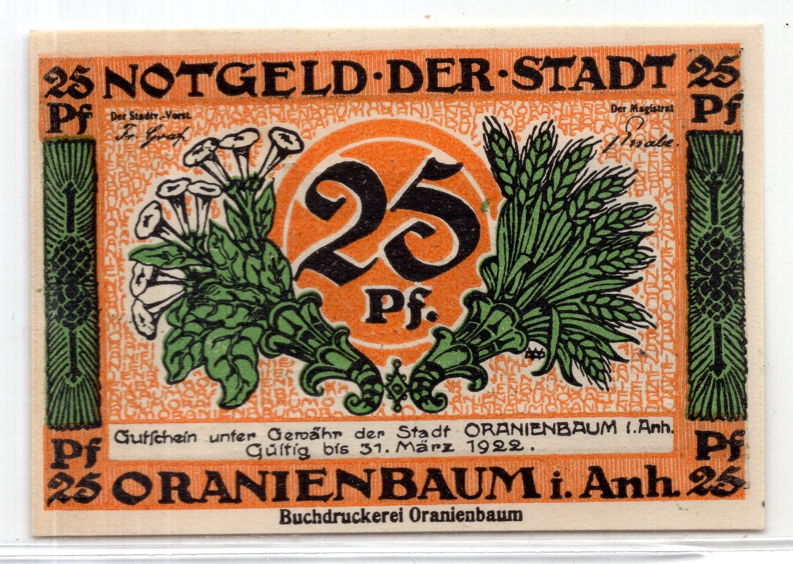 1922 Germany Oranienbaum Notgeld 25 Pfennig Note (NG233)