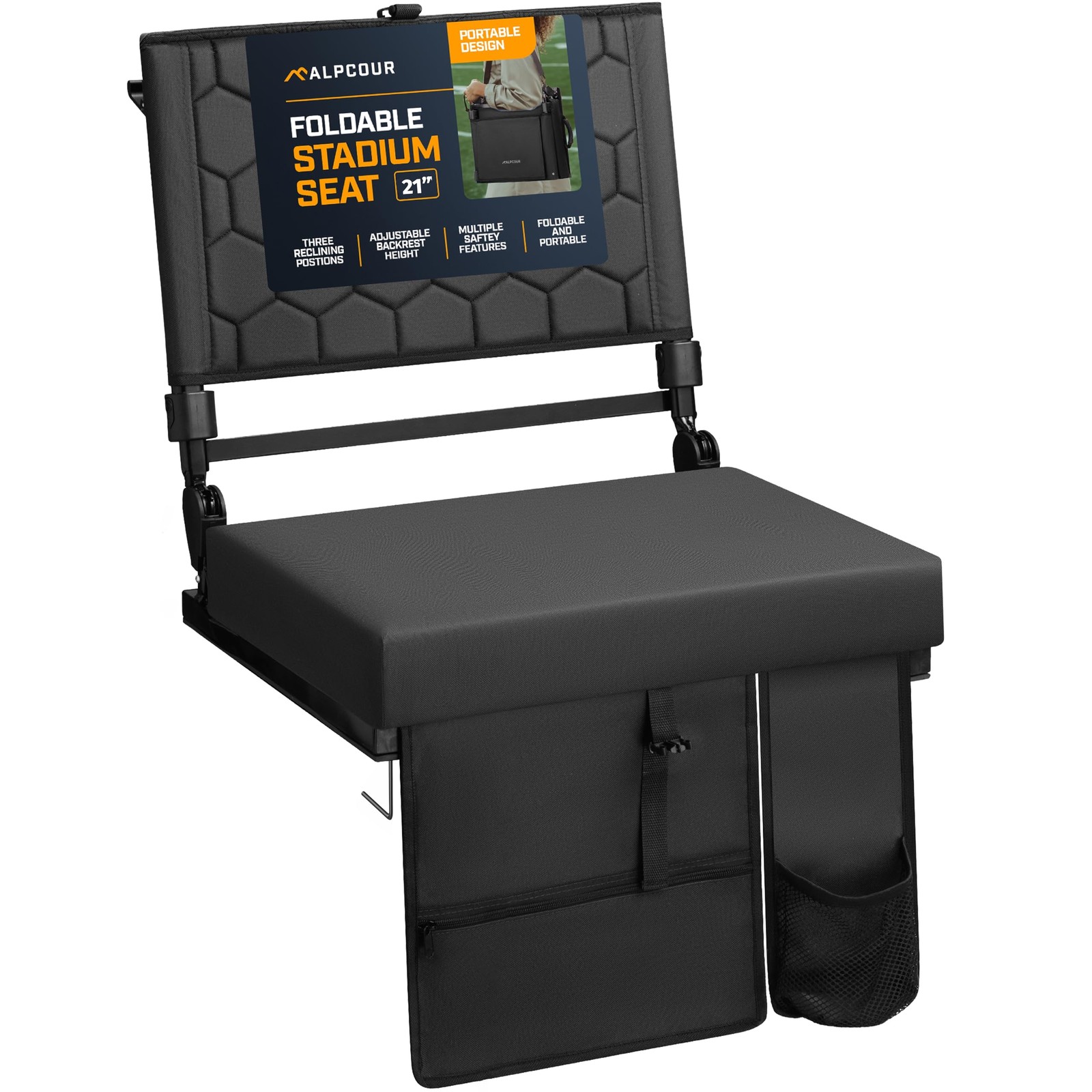 Alpcour 21in Extra Wide Folding Reclining Stadium Seat Black Cup Holder Pockets