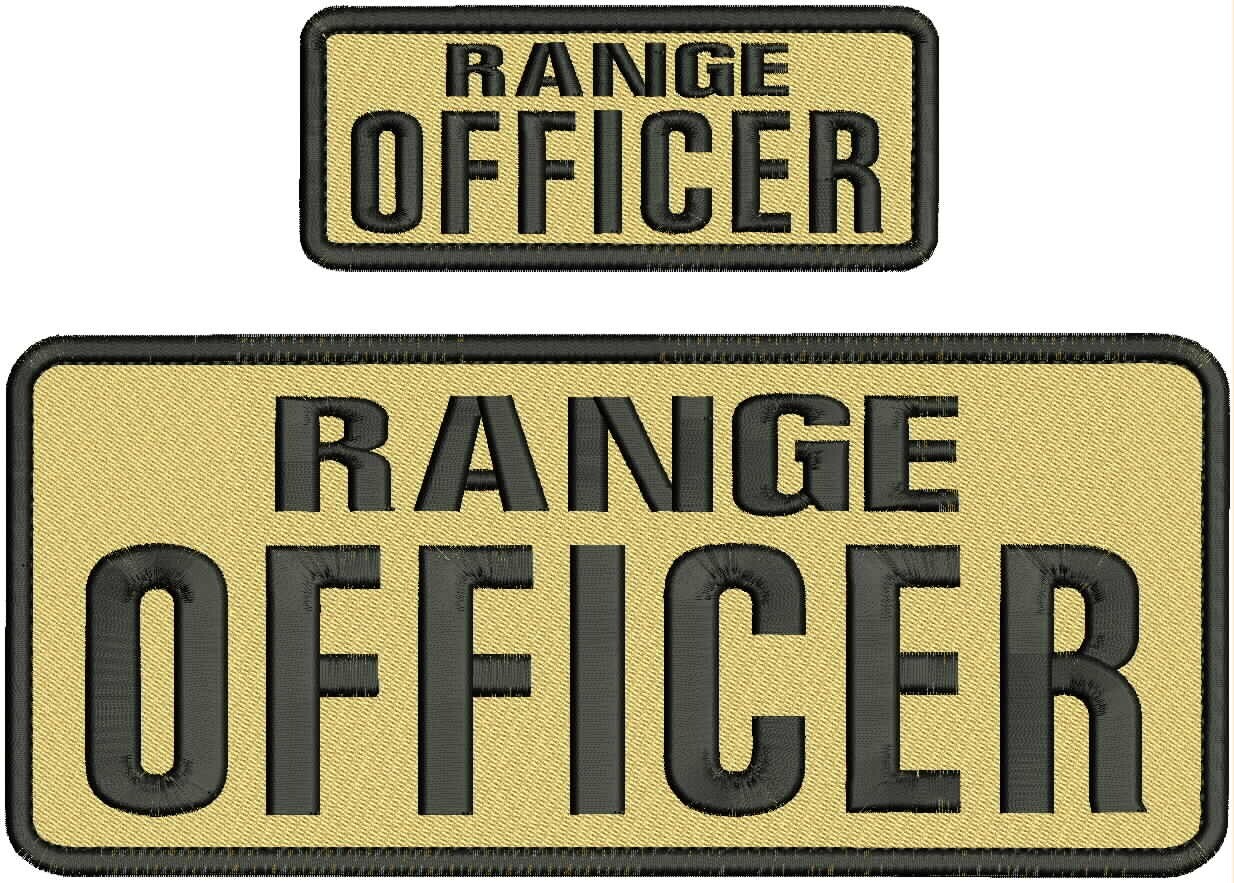 RANGE OFFICER EMBROIDERY PATCHES 4X10 AND 2X5 HOOK ON BACK  BLACK ON TAN